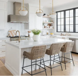 white kitchen with island and wicker chairs