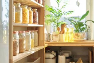 organized pantry with glass jars