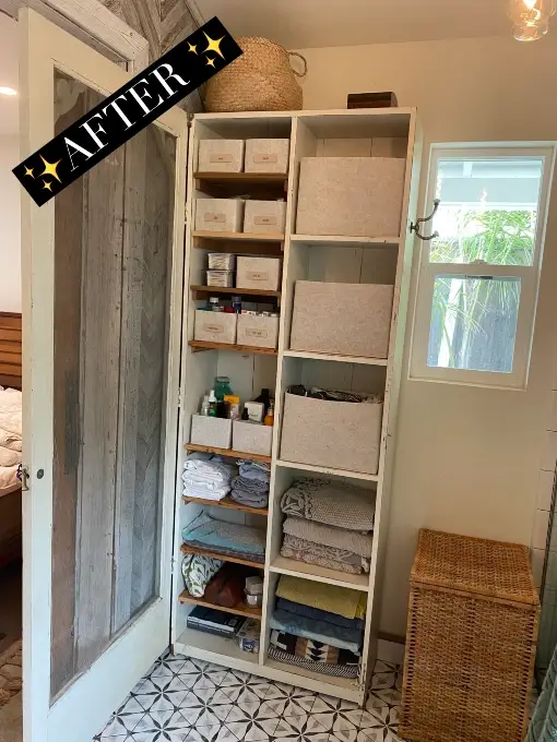 organized bathroom cabinet with SortJoy bins